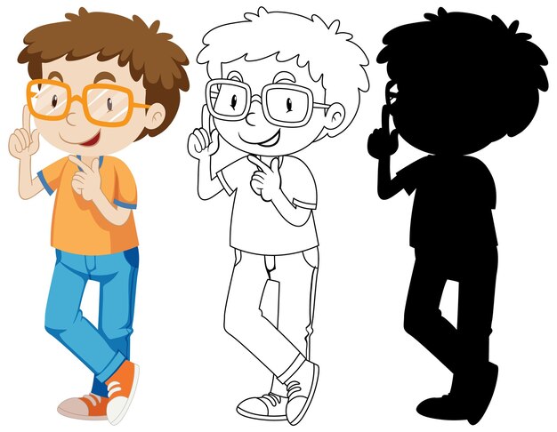Chico nerd en color y contorno y silueta