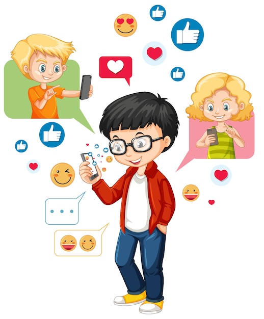 Chico nerd con smartphone con estilo de dibujos animados emoji de redes sociales aislado sobre fondo blanco.