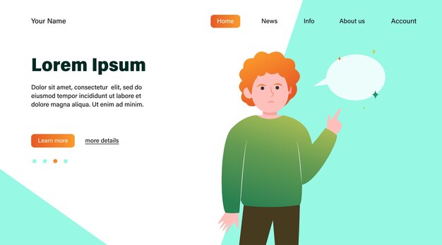 Chico pelirrojo apuntando al bocadillo vacío. Dedo, chat, red ilustración vectorial plana. Diseño de sitio web de concepto de comunicación y mensaje o página web de destino
