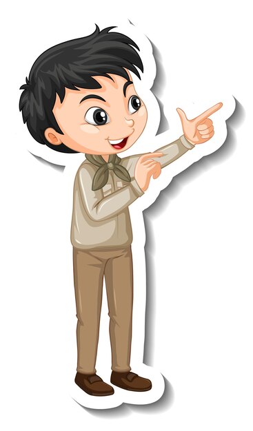 Chico safari con personaje de dibujos animados de pose señalando pegatina