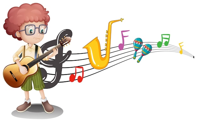 Vector gratuito chico toca la guitarra y notas musicales en segundo plano.