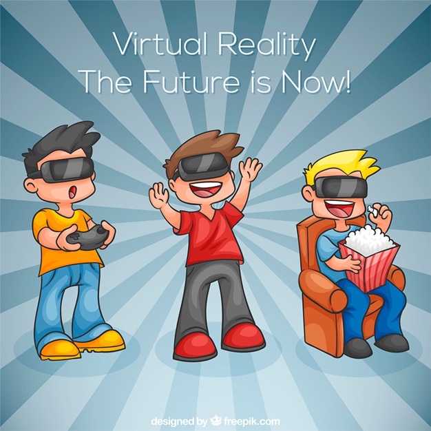 Chicos alegres disfrutando de las gafas de realidad virtual