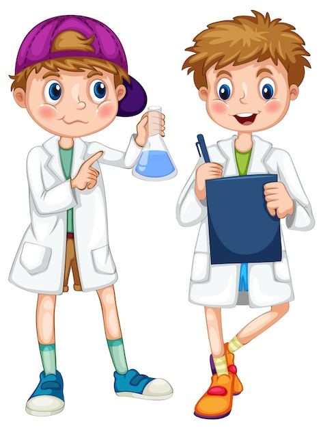 Chicos en bata de ciencia escribiendo y experimentando