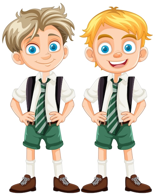 Chicos felices Personajes de dibujos animados Amigos en uniforme escolar