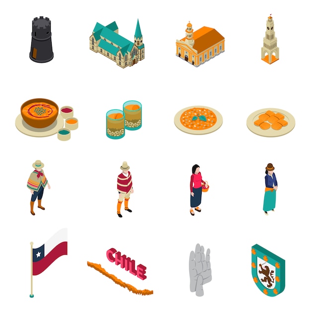 Chile Touristic Attractions Isometric Icons Set