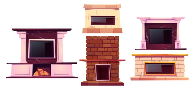 Chimenea hogar interior chimeneas conjunto Estufas interiores en estilo rústico tradicional vintage y moderno con troncos y puertas de vidrio Sistema de calefacción de cabaña de ladrillo o mármol Ilustración vectorial de dibujos animados