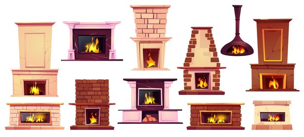 Chimeneas con fuego ardiente aisladas sobre fondo blanco Conjunto de dibujos animados vectoriales de diferentes hogares de ladrillo de mármol y hierro con chimenea de llama de madera y repisa