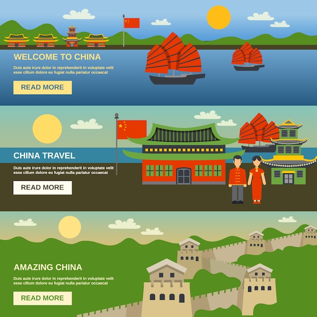 Vector gratuito china culture 3 flat banners set