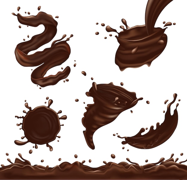 El chocolate oscuro salpica un conjunto realista con flujos aislados y gotas ilustración vectorial