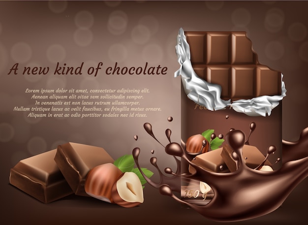 El chocolate realista 3d con el cartel del anuncio de la avellana, bandera con salpicar líquido cae.
