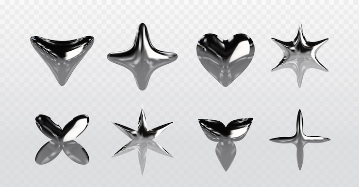 Vector gratuito chrome y2k formas abstractas 3d ilustración vectorial realista conjunto de formas inflables de plata de estrella del corazón y metal líquido elementos de diseño gráfico hechos de acero o platino con reflexiones