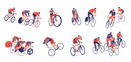 Vector gratuito ciclismo tour conjunto horizontal de ciclistas con equipamiento deportivo en varias posiciones aisladas