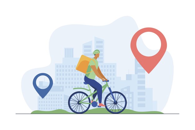 Ciclista entregando comida a los clientes en la ciudad. Pin, ruta, ciudad ilustración vectorial plana. Servicio de transporte y entrega