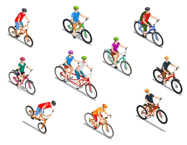 Ciclistas con cascos durante el viaje extremo en tándem y viaje turístico conjunto de iconos isométricos aislados