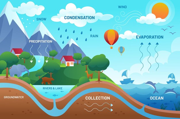 Ciclo del agua ilustrado con pasos