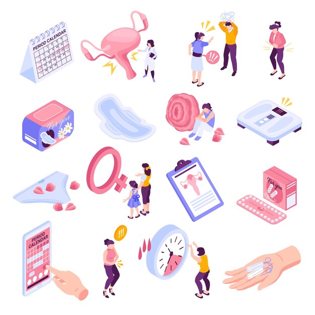 Ciclo menstrual isométrico pms conjunto de iconos aislados con personajes femeninos relojes meds e imágenes de calendario ilustración vectorial