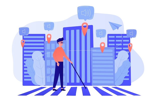 Vector gratuito un ciego cruzando la calle con etiquetas inteligentes y notificaciones de voz alrededor. entorno conveniente sin barreras como iot y concepto de ciudad inteligente. ilustración vectorial