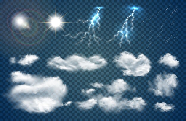 Cielo conjunto transparente realista con nubes y símbolos de sol ilustración vectorial aislada