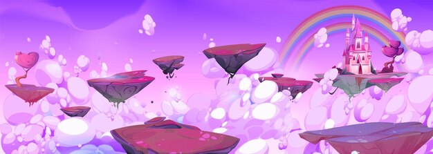 Cielo de fantasía púrpura con isla flotante y castillo mágico ilustración de dibujos animados Fondo de vector de juego de rol móvil de cuento de hadas con mansión de princesa medieval con paisaje de arco iris en plataforma voladora