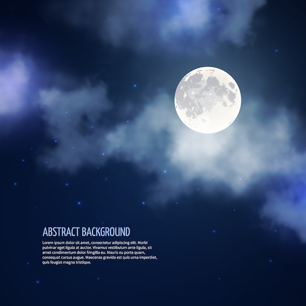 Cielo nocturno con fondo abstracto de luna y nubes. Naturaleza brillante romántica, luz de la luna y galaxia, ilustración vectorial