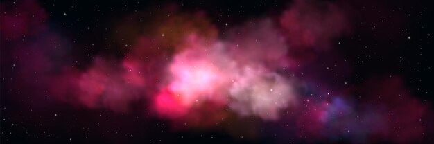 Cielo nocturno realista con nubes rosadas Ilustración vectorial de estrellas brillantes mágicas esparcidas en el espacio oscuro niebla degradada colorida volando en el aire brillo polvo salpicadura Universo de fantasía abstracto