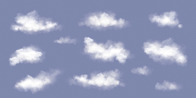 El cielo de nubes blancas vectoriales transparentes conjunto realista Niebla humo png textura diseño aislado efecto de aire nublado abstracto con icona de luz diurna colección 3d hermosa naturaleza atmósfera vapor humo vapor