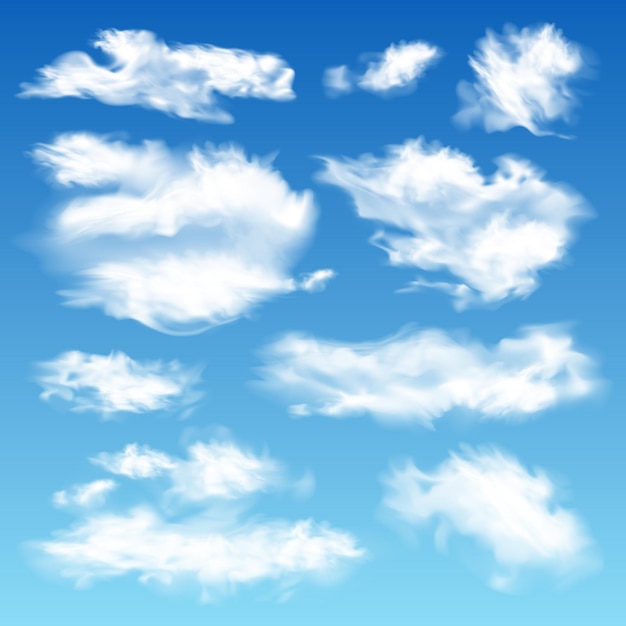 Vector gratuito cielo nublado realista con fondo de gradiente de cielos azules y nubes blancas aisladas de varias ilustraciones vectoriales de forma