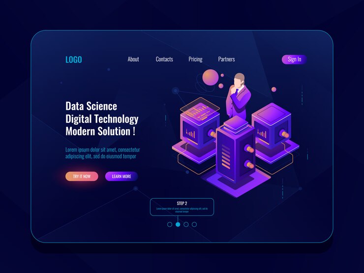 Vector gratuito ciencia de datos, procesamiento de datos grandes, sala de servidores, base de datos y concepto de centro de datos