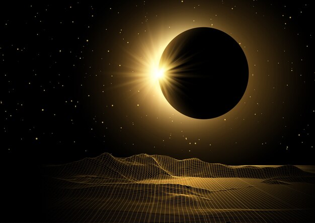 Ciencia ficción con paisaje de estructura metálica y diseño de eclipse solar