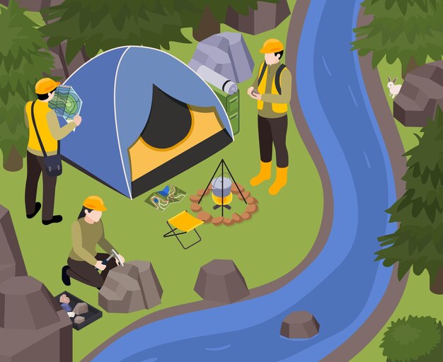 Ciencias de la Tierra Geología Petrología Sismología Volcanología Composición isométrica con paisaje de río forestal y participantes de la expedición Ilustración vectorial del campamento