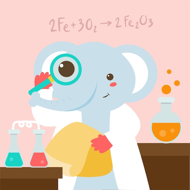 El científico animal con bata blanca en laboratorio con signo de química de tubo de ensayo y equipo científico en personaje de dibujos animados para diseñador gráfico ilustración vectorial