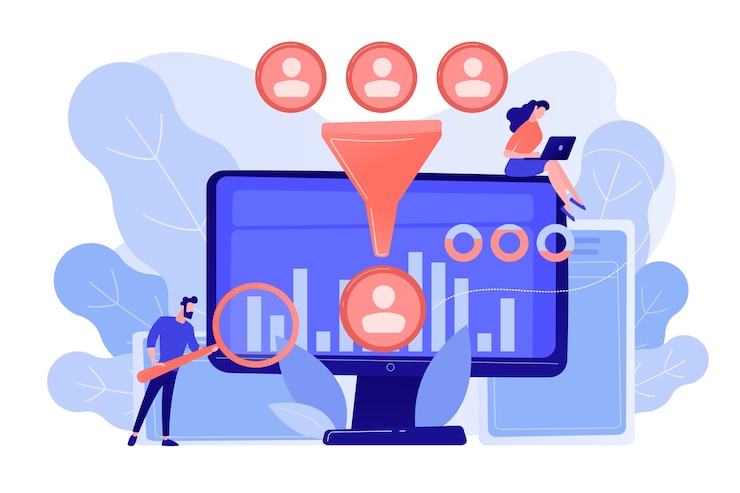 Vector gratuito el científico de datos y el especialista extraen conocimientos y perspectivas de los datos. análisis de ciencia de datos, control de aprendizaje automático, concepto de análisis de big data. ilustración aislada de bluevector coral rosado