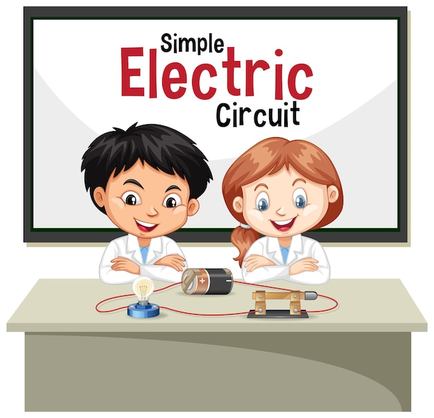 Científico explicando circuito eléctrico simple