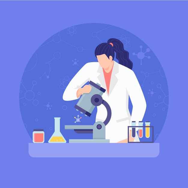 Científico femenino mirando a través de un microscopio