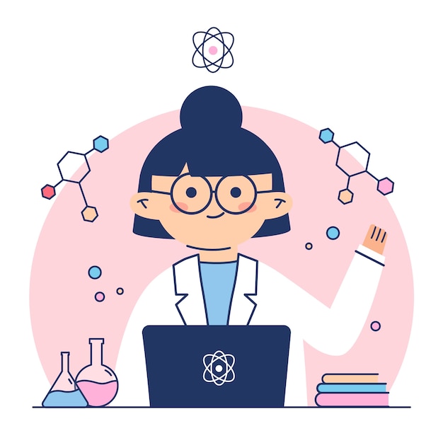 Científico femenino rodeado de fórmulas