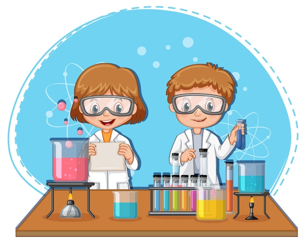 Científico niños personaje de dibujos animados con equipos de laboratorio