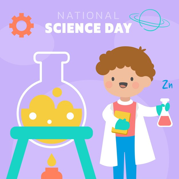 El científico que usa bata blanca en el laboratorio con el signo de ADN del tubo de ensayo y el equipo científico en el personaje de dibujos animados para el diseñador gráfico Ilustración vectorial