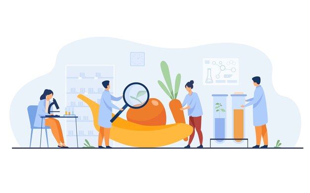Científicos en biología que investigan las frutas. Personas que cultivan plantas en el laboratorio. Ilustración de vector de alimentos transgénicos, agricultura, concepto de ciencia