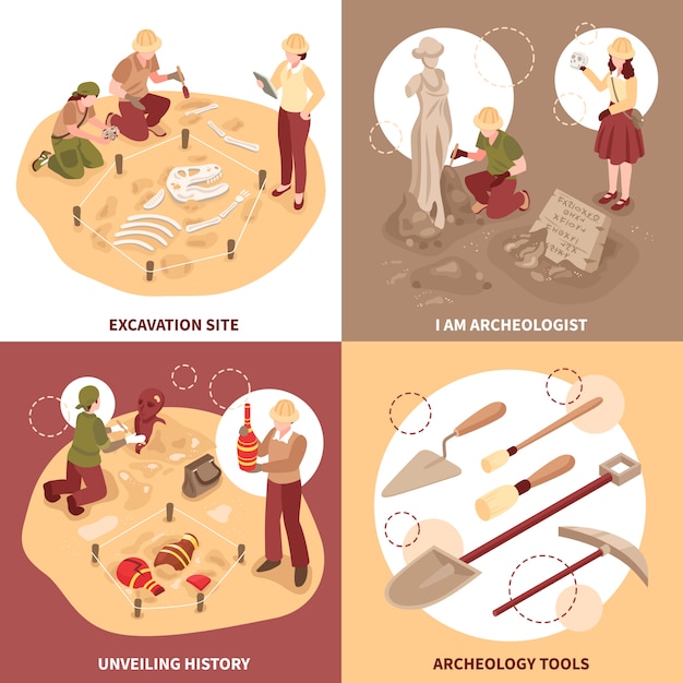 Los científicos del concepto de diseño isométrico de arqueología con herramientas en el sitio de excavación y descubrimientos históricos aislaron ilustración vectorial