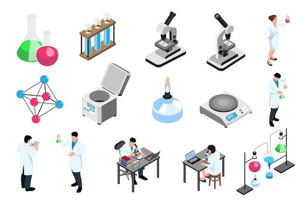 Vector gratuito científicos y equipos de iconos isométricos de laboratorio farmacéutico aislados sobre fondo blanco ilustración vectorial 3d