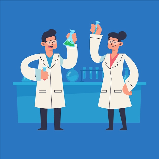 Científicos ilustrados trabajando juntos en el laboratorio.