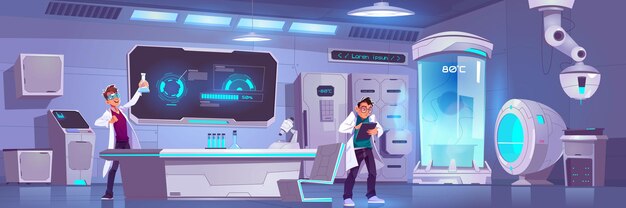 Los científicos en el laboratorio realizan experimentos, hombres de investigación científica en criónica o laboratorio químico