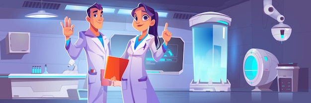 Científicos o doctores en laboratorio futurista