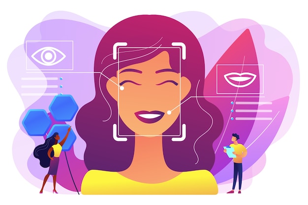 Vector gratuito los científicos de personas diminutas identifican las emociones de las mujeres a partir de la voz y el rostro. detección de emociones, reconocimiento del estado emocional, concepto de tecnología de sensor emo. ilustración aislada violeta vibrante brillante