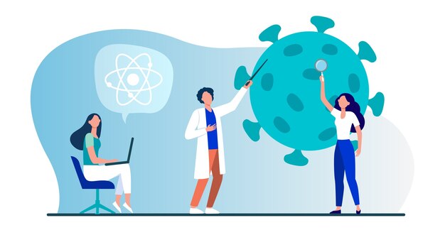 Científicos que estudian el coronavirus. Equipo de expertos haciendo ilustración de vector plano de investigación médica. Virus, pandemia, ciencia
