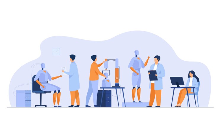 Vector gratuito los científicos que hacen robots en el laboratorio aislaron la ilustración vectorial plana. personas de dibujos animados que crean equipos y máquinas informáticas. concepto de desarrollo de ciencia y tecnología.