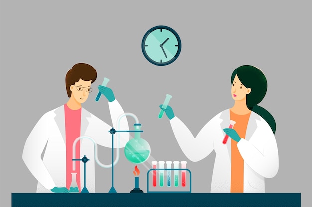 Vector gratuito científicos que investigan en la ilustración de laboratorio mujer y hombre que trabajan en laboratorio médico químicos que sostienen la prueba química del matraz realizada