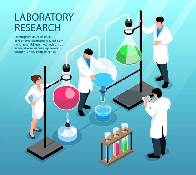 Científicos que realizan investigaciones que trabajan con líquidos de colores en matraces y tubos isométricos 3d