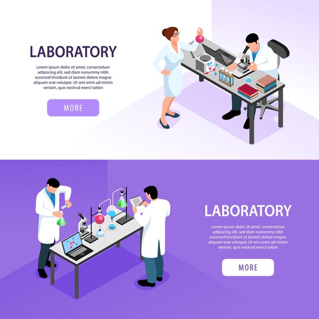 Los científicos que trabajan en pancartas isométricas de laboratorio farmacéutico en una colorida ilustración aislada en 3d,