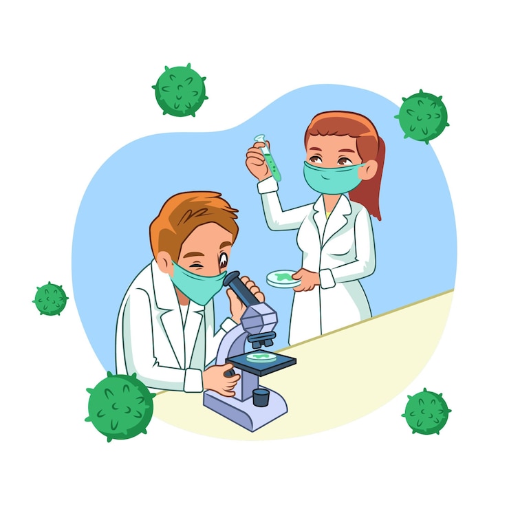 Vector gratuito científicos que trabajan en una vacuna rodeada de virus